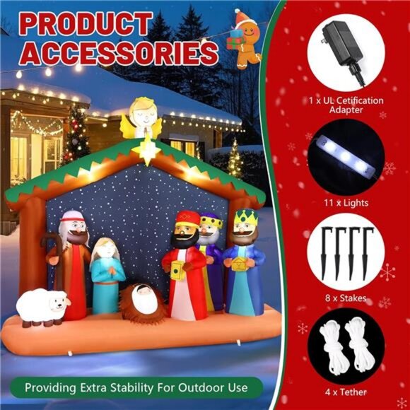 8FT Christimas Inflatable Nativity Scene Decorations Outdoor with Built-in LEDs - Picture 3 of 8